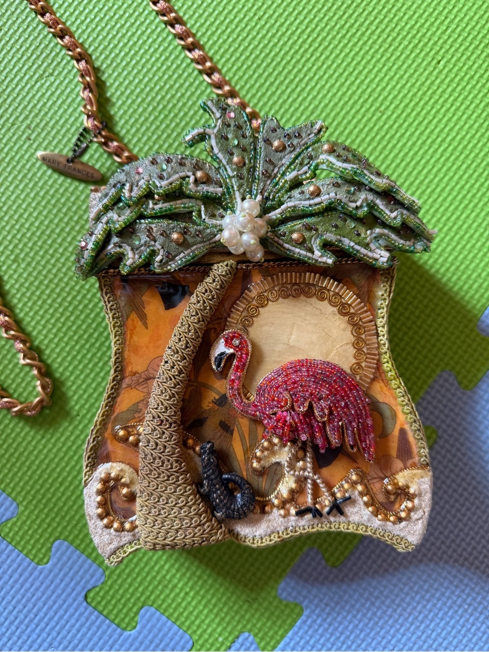 Mary Frances Beaded Flamingo Palm Tree Box Purse - Pink & Gold